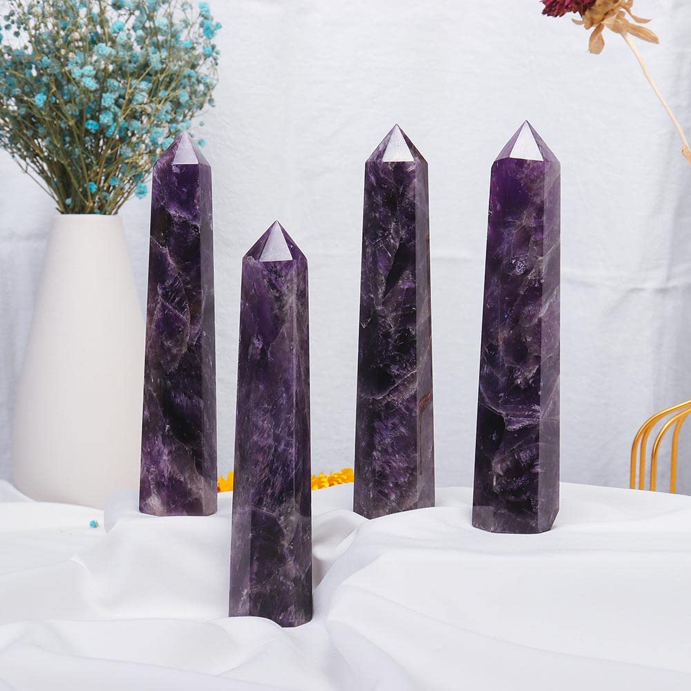 Apengshi Amethyst Large Crystal Tower Natural Dream 5.9"-6.3" 6 Faceted Single Point Chakra Healing Crystal Wand Energy Meditation Stone Home Decor Collection Gift