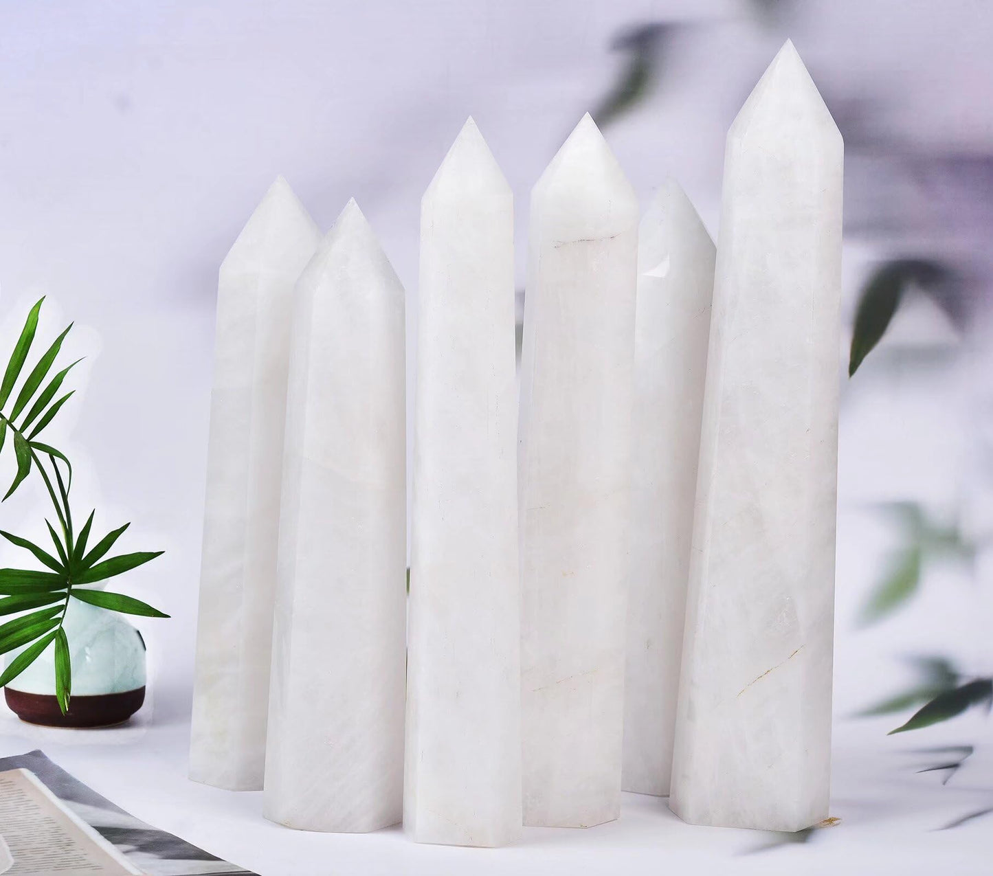 AMOYSTONE Large White Crystal Quartz Wand 1PC Healing Crystal Stone Obelisk Tower 6 Faceted Column Reiki Chakra Meditation Gift 1.7-2.2 LBS