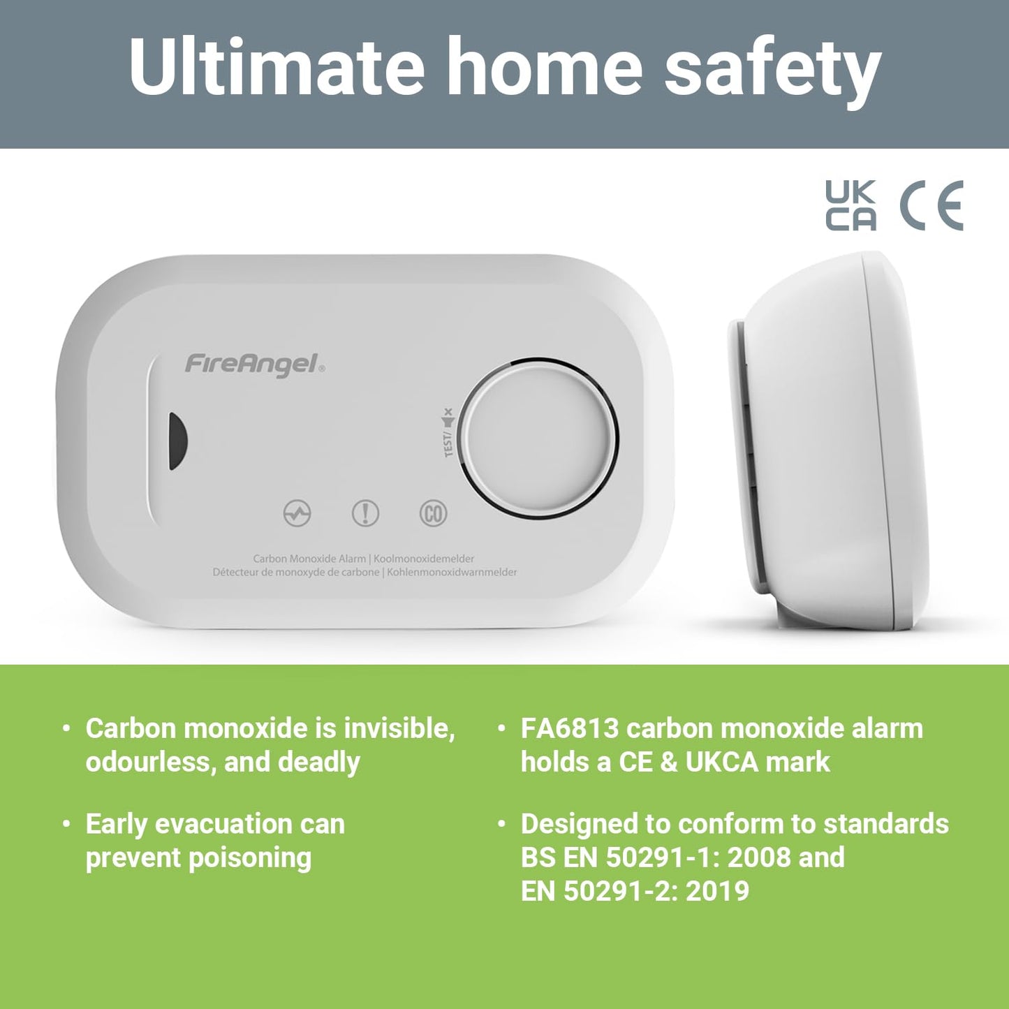 FireAngel Carbon Monoxide Alarm and Detector - FA6813 10-Year Sensor Life CO Alarm for Home with AA Batteries - Travel, Portable Carbon Monoxide Detector - CO Detector Monitor with Test Button