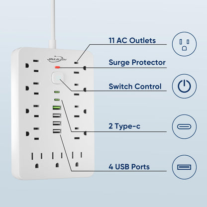 6 FT Flat Plug Surge Protector Power Strip,11 Multiple AC Outlets with 6 USB Ports (2 USB C), 6 Feet Extension Cord, 1250W/10A, One Touch Switch Button, 17 in 1 Compact powerstrip