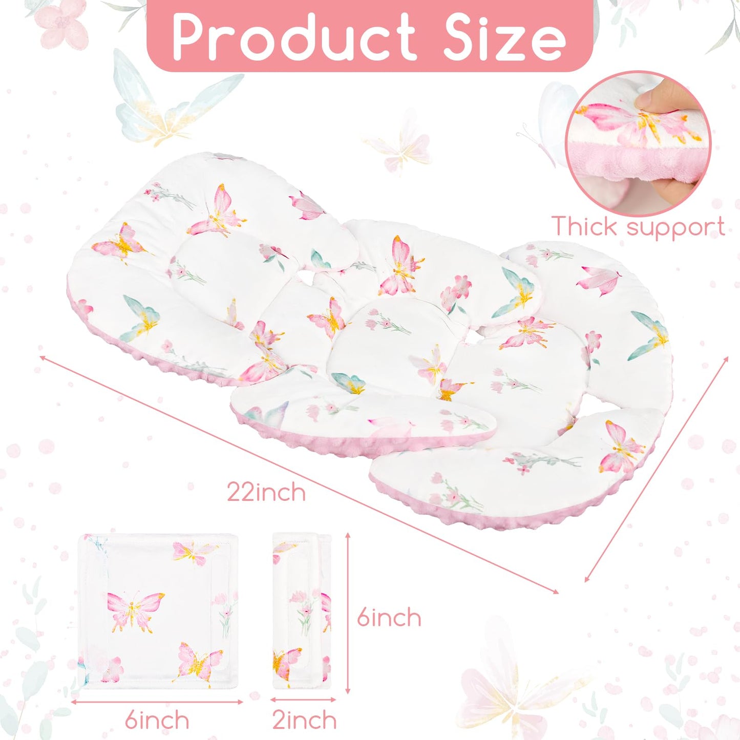 Infant Car Seat Insert for Newborn Girls Boys, Reversible Baby Carseat Head Support with Strap Pads, Soft Baby Car Seat Insert Cushion Pad for Stroller, Bouncer, Swing, High Chair, Pink Butterfly