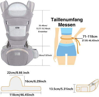 TOFFCAE Baby Carrier - Multifunction, Ergonomic, 6-in-1 Carrying Ways, Adjustable with Hip Seat, Newborn to Toddler (0-36 Months, 3-30 kg), Grey