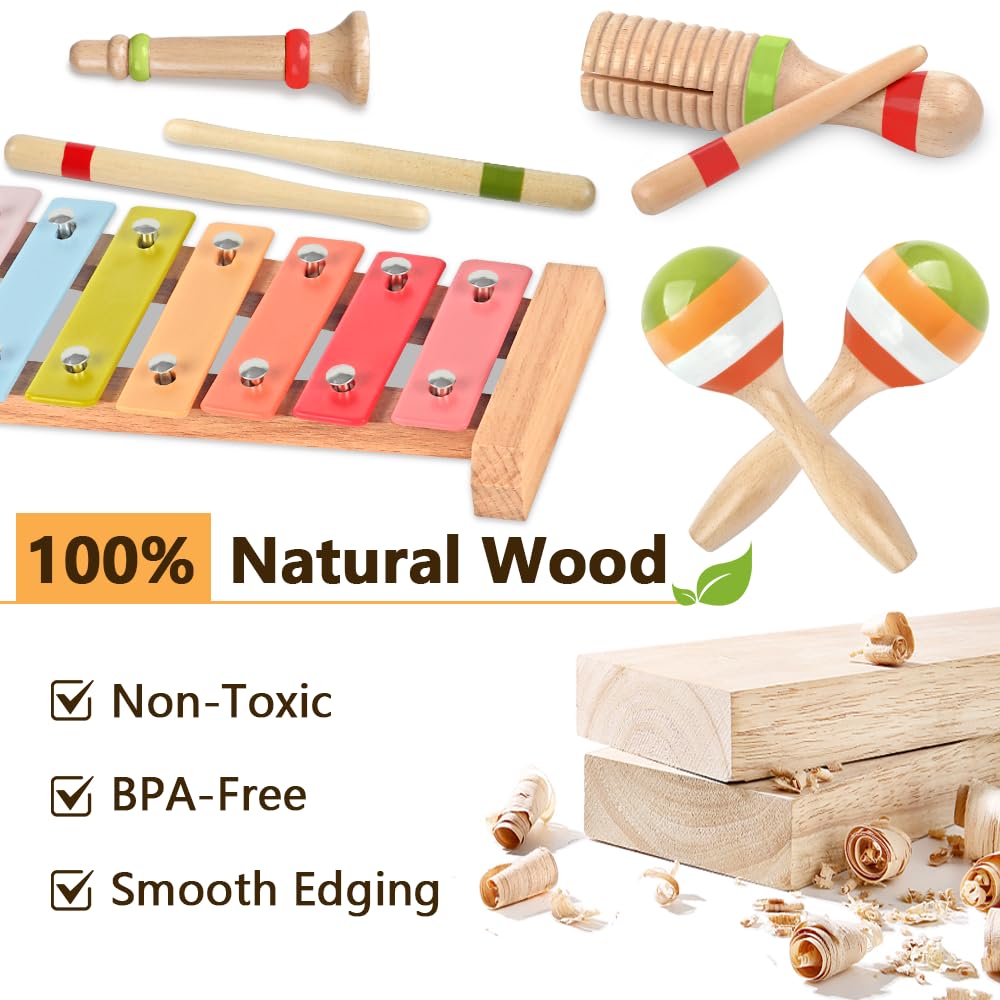 Baby Musical Instruments for Girls-Montessori Wooden Toys for Toddlers 1-3,Percussion Instruments Set with Xylophone Preschool Educational 3+ Christmas Birthday Gift for 1 2 3 Year Girl (Pink)
