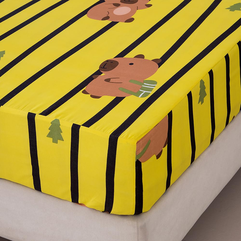 NATURETY Bedding Fitted Sheet with Deep Pocket,Cute Capibara Printed Fabric Bed Sheets (Yellow Striped,Queen)