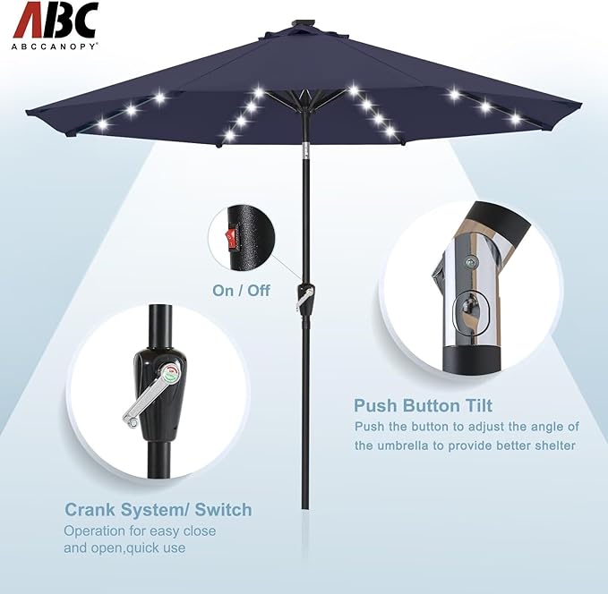 ABCCANOPY Durable Solar Led Patio Umbrellas with 32LED Lights 11FT (Navy Blue)