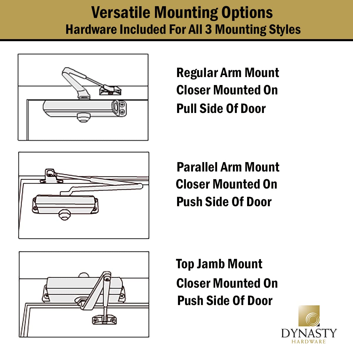 Dynasty Hardware Door Closer, Grade 1 Heavy Duty Commercial Hydraulic Closer, Self-Closing, Adjustable Spring Size 1-6, ADA Compliant, Surface Mount, Sprayed Aluminum, Series 8500