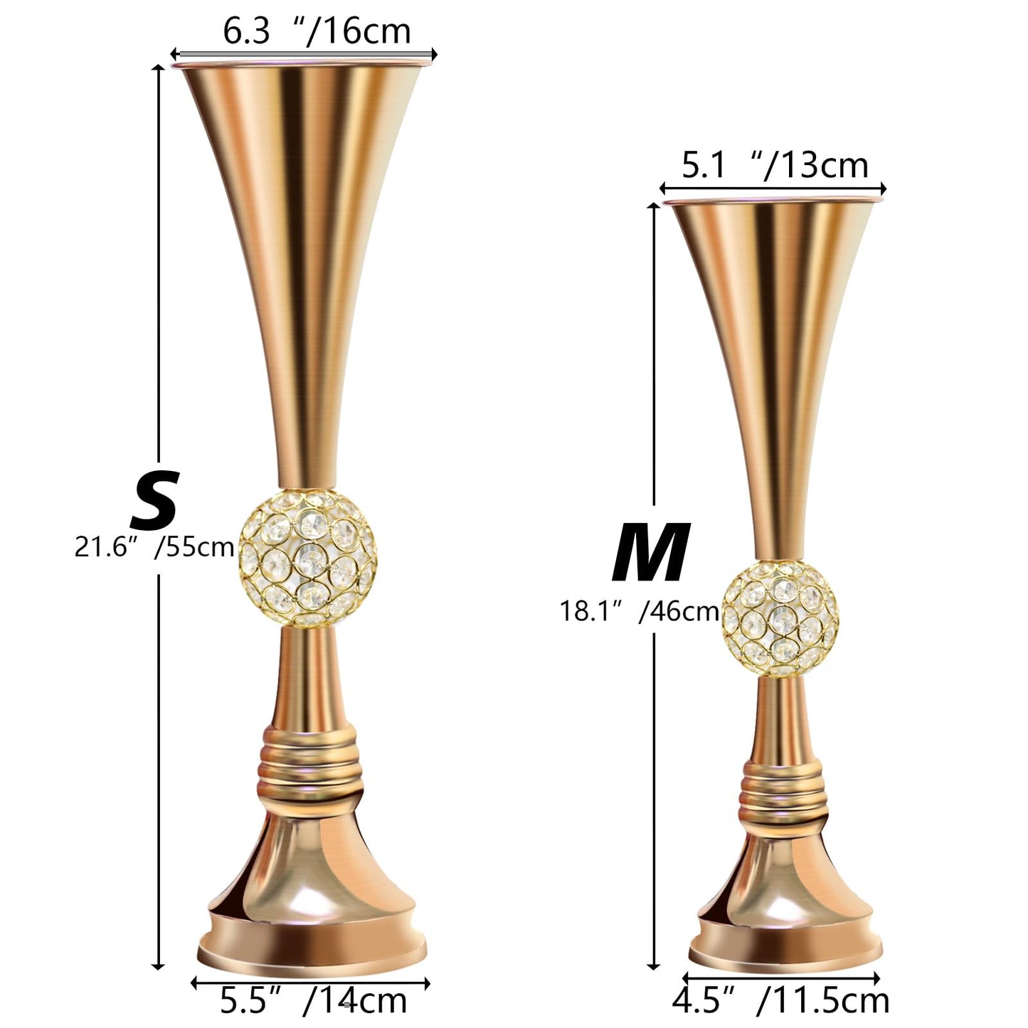 VIJIV 22" Gold Luxury Flower Vase for Wedding Centerpieces - Crystal-Embedded Tall Geometric Metal Vase for Feather, Rust-Resistant Table Decor for Gatsby Party/Reception/Hotel Floral Arrangements