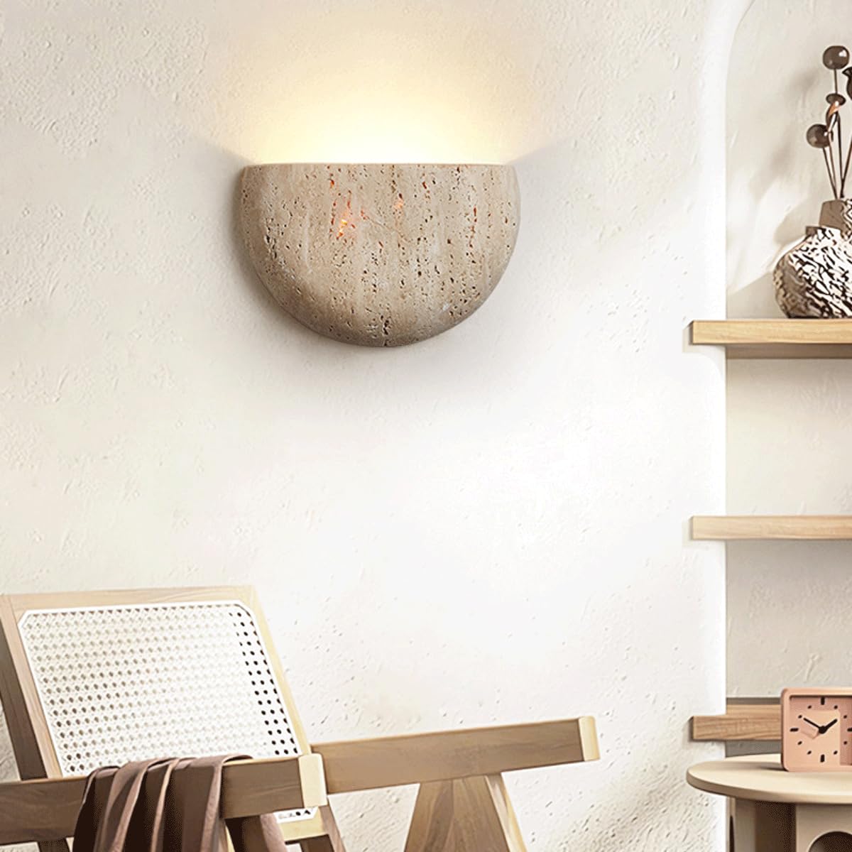ZHUXMF Semi Circle Yellow Travertine Wall Lamp Japanese Style Wabi-Sabi Art Lighting Fixture Half Moon Marble Wall Sconce Natural Stone Bedside Wall Light For Foyer Bedroom Stairs