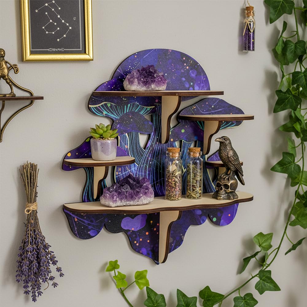 FNYDOX Crystal Display Shelf for Witchy Mushroom Decor, Gothic Altar Shelf for Crystals, Rocks, Gemstones & Essential Oils, 5 Compartment Wall Shelf & Spiritual Gifts