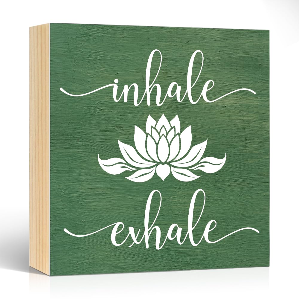 Pishovi Inhale Exhale Wooden Box Sign, Lotus Inhale Exhale Mindful Wood Door Sign for Home Office Farmhouse Bedroom Yoga Spa Room, Meditation Quote Plaque Gifts for Women Friend Coach Yoga Lover