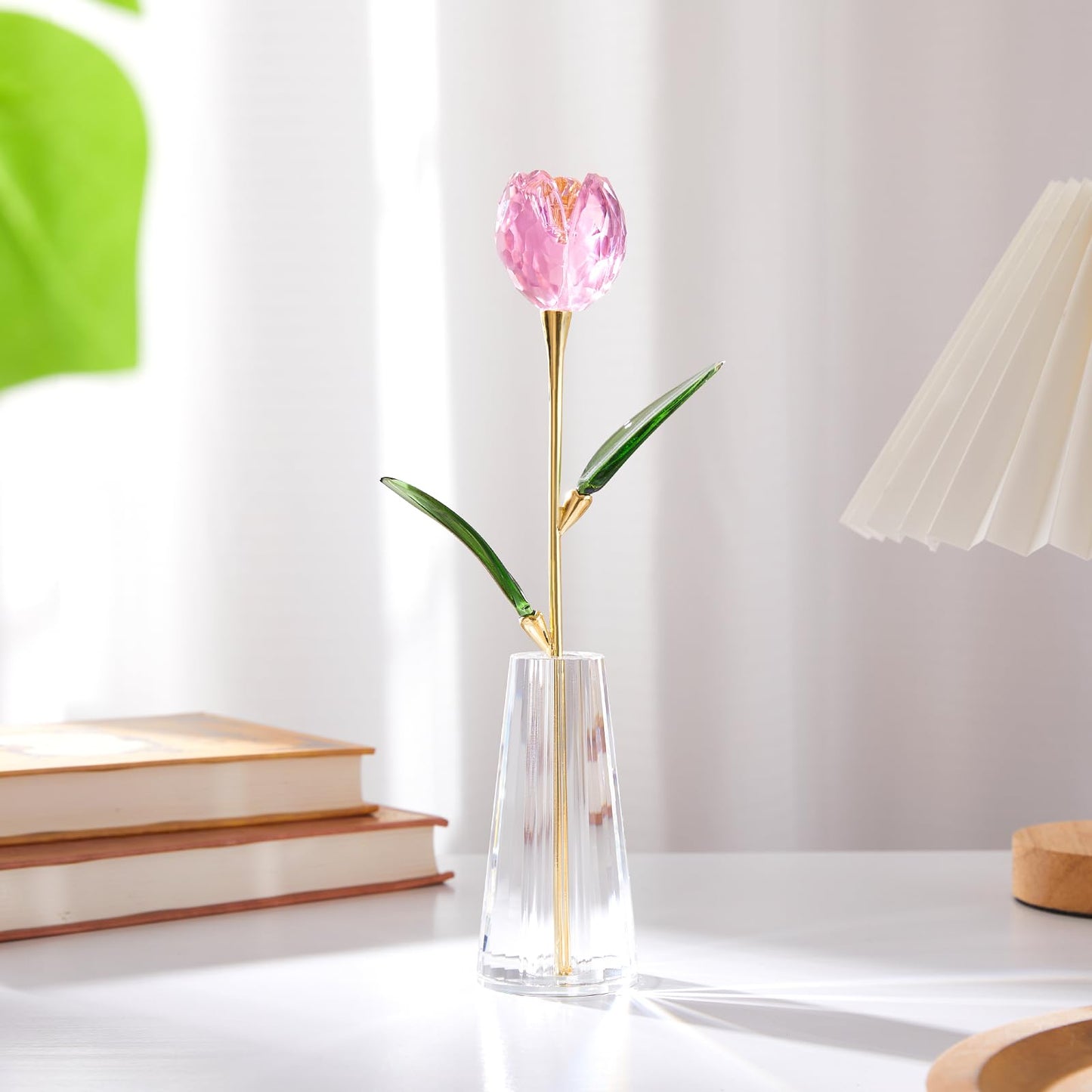 RONG KRISTO Crystal Tulip Collectible Figurines Glass Flower with Vase Artificial Flowers Home Decor Gift for Women Mom（Pink）