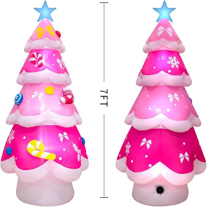 KOOY 7FT Inflatable Christmas Tree Pink Christmas Blow up Yard Decoration with LED Lights for Party Holiday Outdoor Indoor Lawn Winter Xmas Décor
