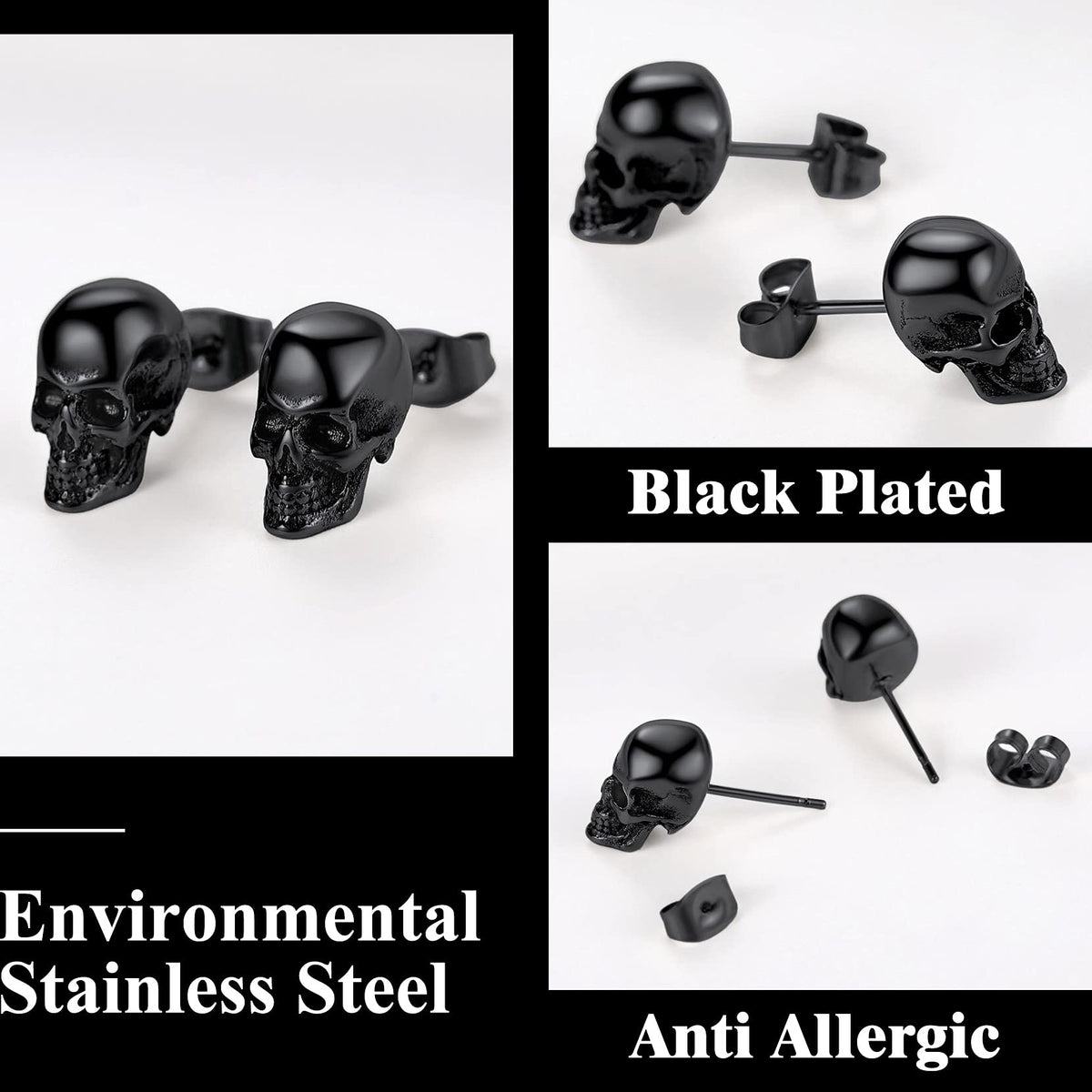 Piercing Skull Earrings for Men Black Stud Earring Punk Gothic Halloween Jewelry