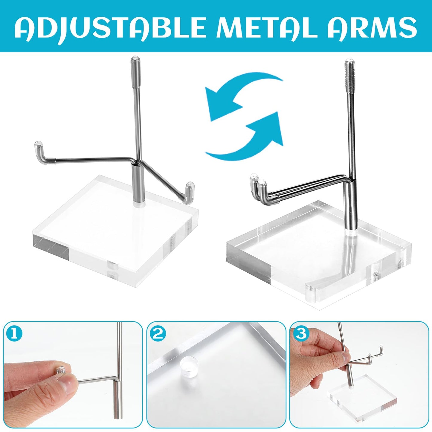 Tolare 8 Pcs Rock Display Stand with Acrylic Base, Adjustable Metal Arm Crystal Display Stand, Silver Small Holder for Gemstones, Fossils, Crystal, Minerals, Agate(2.4 X 2.4 X 4.1 Inches)