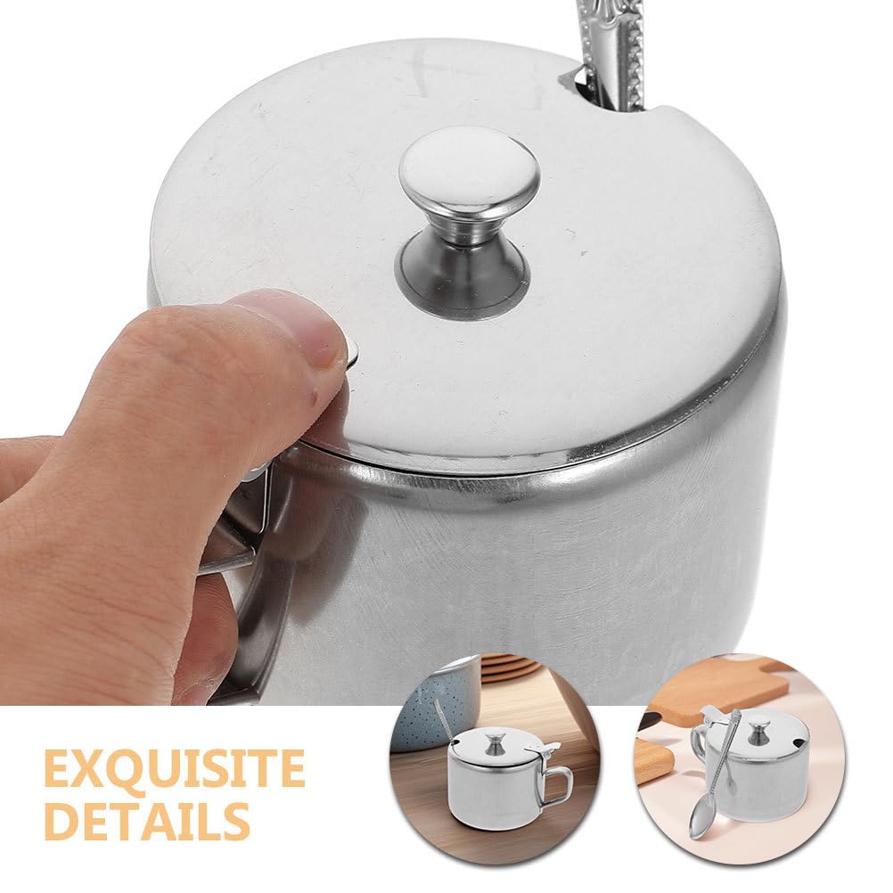 DEARMAMY Stainless Steel Sugar Bowl Set with Lid and Spoon 3-Piece Sugar Container for Kitchen Countertop Storage Holds Salt Pepper Spice 3.93 X 3.14 X 2.67 in