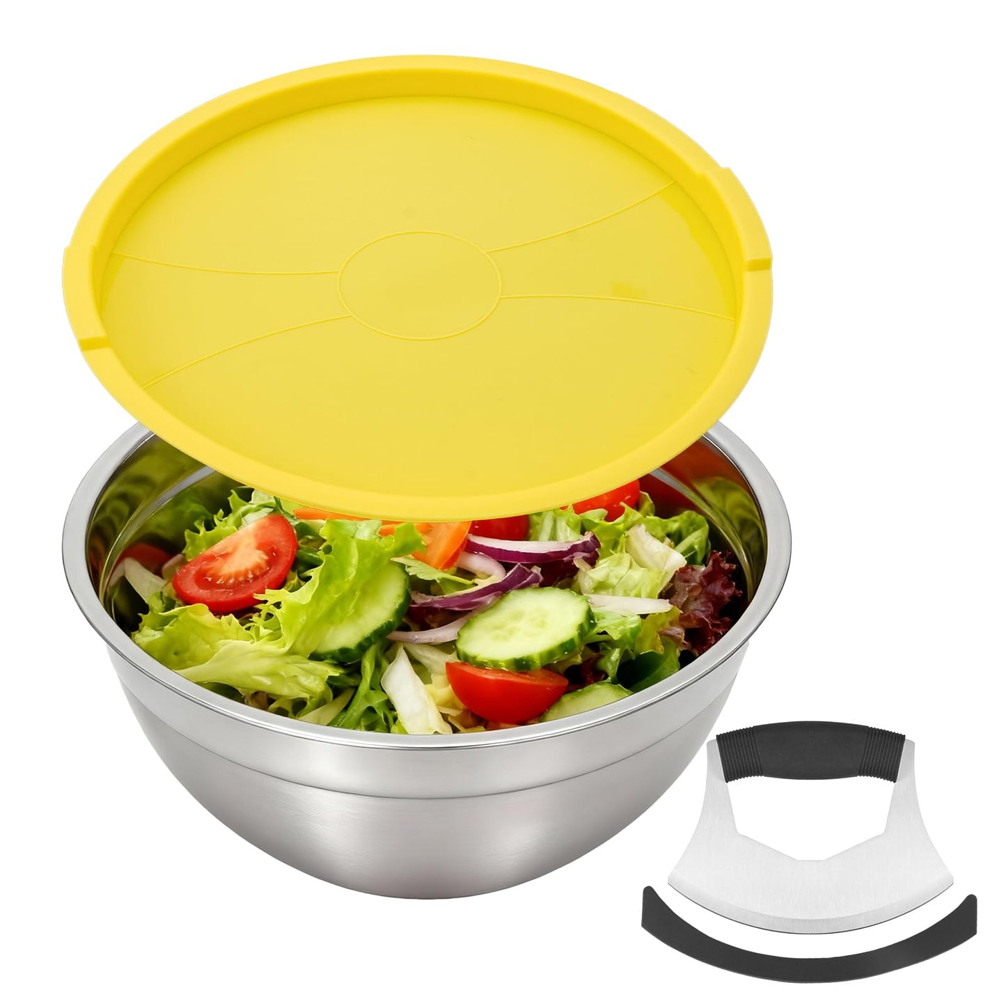 Fevbcnrj Salad Chopper Bowl and Cutter with Lid, Stainless Steel Chopping Bowl, Mezzaluna Mincing Knife with Protective Cover, Snap-Tight Storage Lid, for Super-Fast Salad Prep