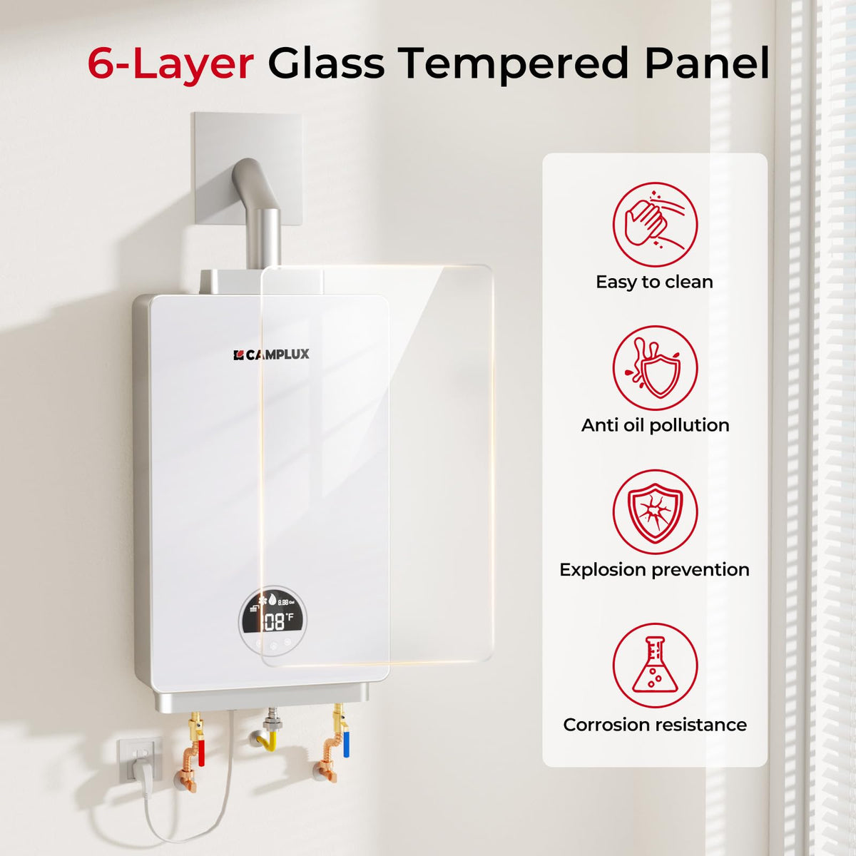CAMPLUX Tankless Water Heater Natural Gas, 3.18 GPM Up to 3.8 GPM 82,000 BTU On demand Residential Tankless Hot Water Heater Gas Indoor for Mobile Home, Constant Temperature System, White