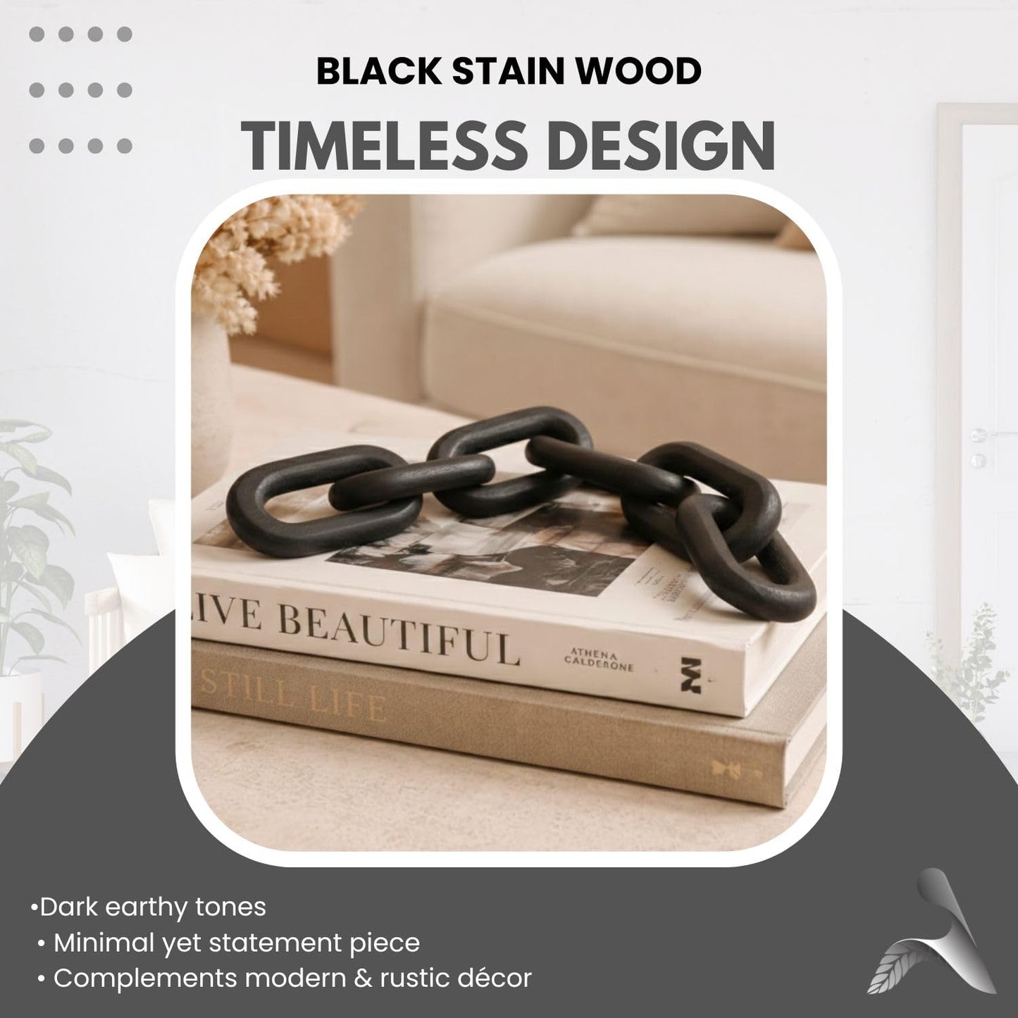 Boho Wooden Link Decor for Coffee Object for Coffee Table & Shelf Knot Sculpture, Farmhouse Rustic Shelf Natural Wood Chain Links for Living Room, Entryway, Console,Office Home Accent (Black Stain)