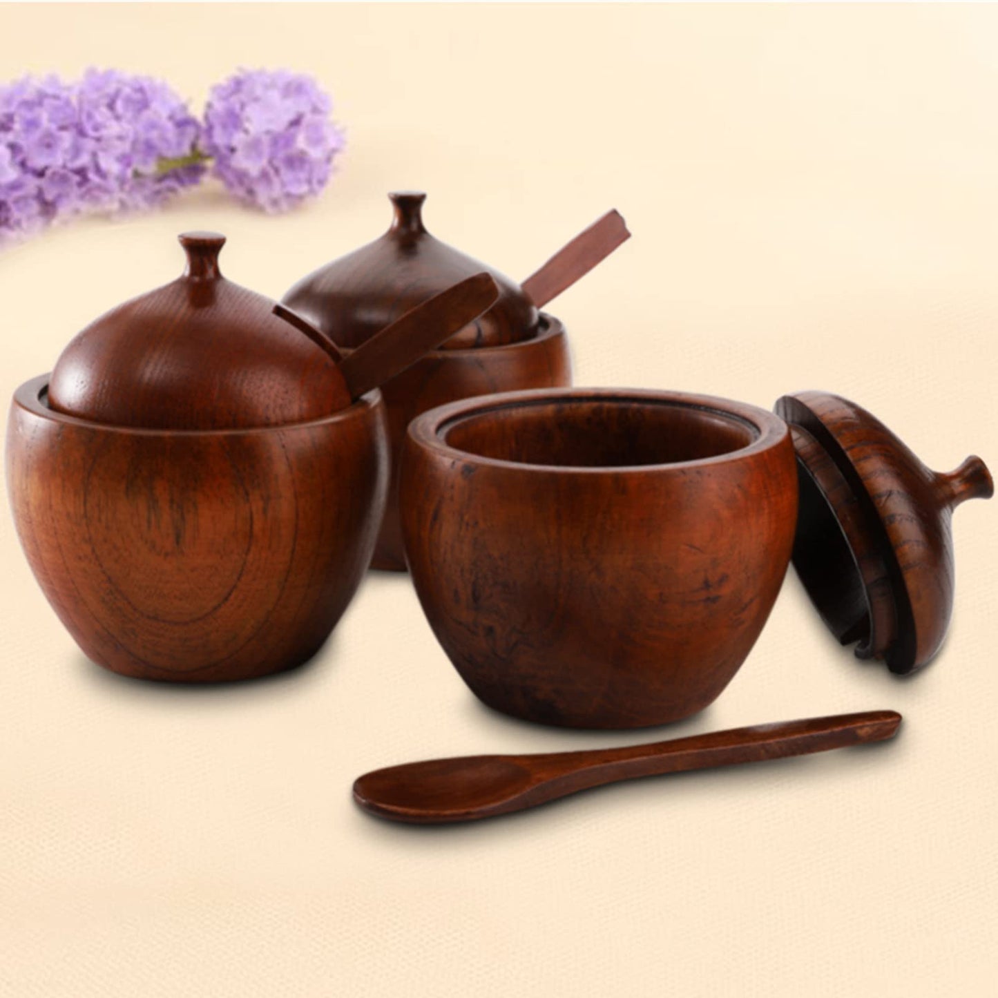 DEAYOU 3 Pack Wood Salt Box Spice Jar, Natural Wooden Salt Cellar with Lid and Spoon, Sugar Bowl Pepper Seasoning Container Holder Keeper for Kitchen, Serving, Condiment, Japanese Style