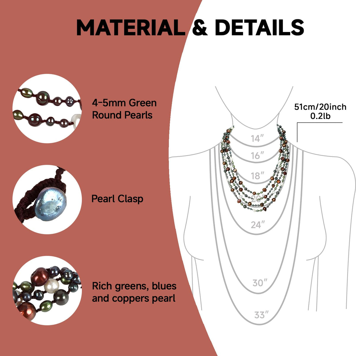 Handmade Freshwater Pearl Necklace – 4-Strand for Women 20" Elegant Long Adjustable Real Pearls Strand with Vintage Beaded Charms Baroque Pearl Luxury Jewelry Gift