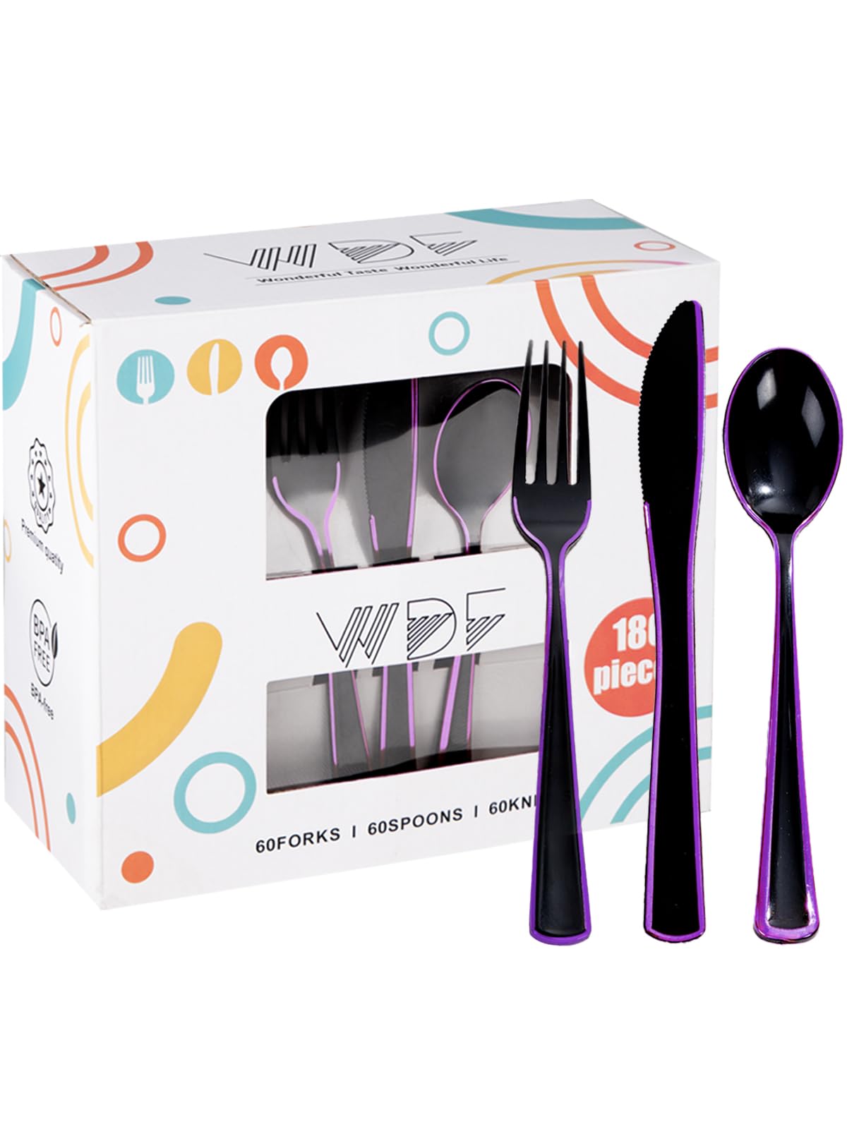 WDF 180 Pieces Black and Purple Halloween Plastic Silverware - Black Flatware Set Include 60 Forks, 60 Knives and 60 Spoons Heavy Duty Plastic Cutlery Purple Utensils for Halloween Party/Birthday