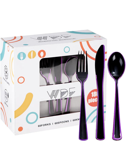 WDF 180 Pieces Black and Purple Halloween Plastic Silverware - Black Flatware Set Include 60 Forks, 60 Knives and 60 Spoons Heavy Duty Plastic Cutlery Purple Utensils for Halloween Party/Birthday