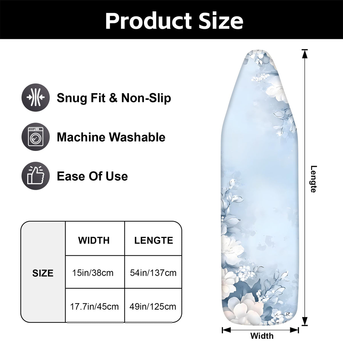 Ironing Board Cover for Crafting, Flat Decoration with Elastic Edge Standard Size, Perfect for Home Laundry Room, Ideal Gift for Craft Enthusiasts (Light Blue, 15" x 54")