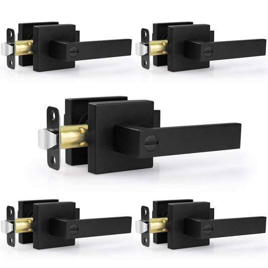 Estmoon 5 Pack Matte Black Door Handles Interior Door Knobs, Home Improvement Keyless Privacy Door Lock, Heavy Duty Zinc Alloy 2.07 lb Door Leverset for Bedrooms Bathrooms