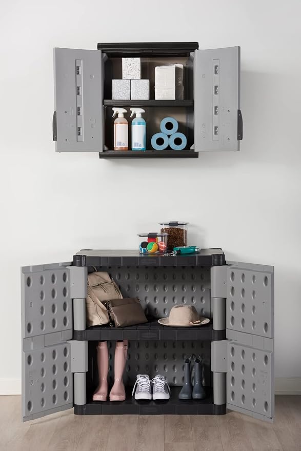 Rubbermaid Wall Mounted Storage Cabinet with Doors 150-Pound Capacity Gray Lockable Three-Shelf Cubbard for Tools/Car Accessories/Cleaning in Home/Garage/Outdoor Areas