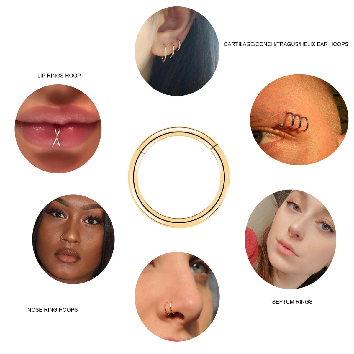 BOGKU 6pcs G23 Titanium Septum Rings Hinged Nose Ring Hoops for Women Men 16G Cartilage Hoop Earrings Body Piercing Jewelry Lip Rings - Diameter 6mm 8mm 10mm