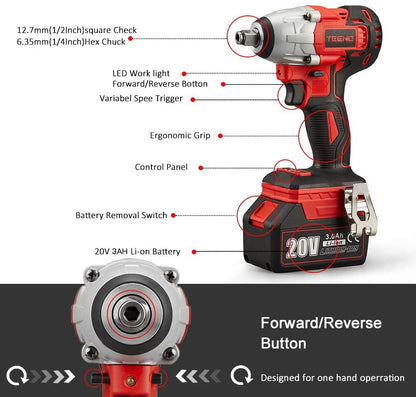 TEENO 20V Brushless Lithium-Ion Impact Wrench,2×3.0Ah Batteries, Charger, 3pcs Sockets, 1/2 Inch, 320NM