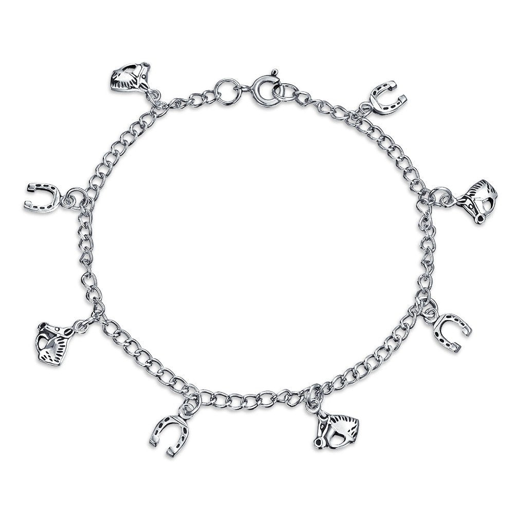 Bling Jewelry Good Luck Multi Horseshoe Horses Dangling Charm Bracelet For Women Graduation Gift Cubic Zirconia Pave CZ .925 Sterling Silver
