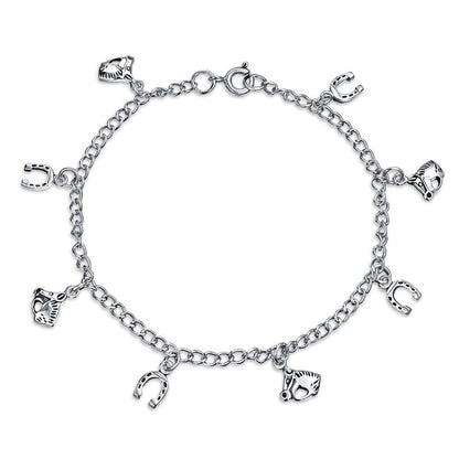 Bling Jewelry Good Luck Multi Horseshoe Horses Dangling Charm Bracelet For Women Graduation Gift Cubic Zirconia Pave CZ .925 Sterling Silver
