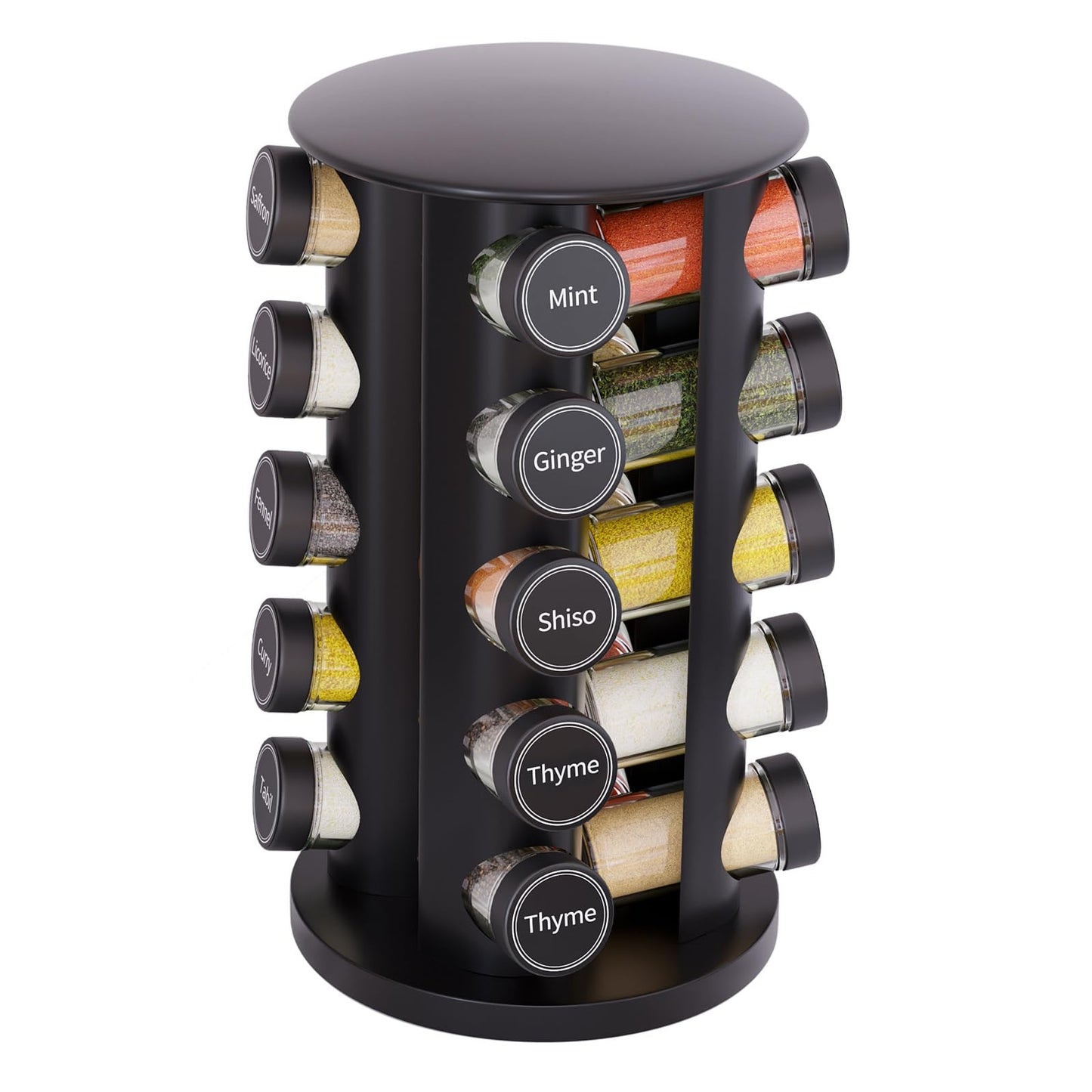 Revolving Spice Rack Set with 20 Spice Jars, Kitchen Spice Tower Organizer for Countertop or Cabinet -- Carousel Storage Includes 386 Spice Labels -- Desktop Rotating Seasoning Organizer