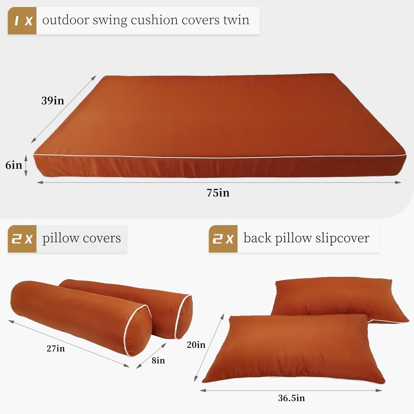 ZOALXZNT Outdoor Daybed Cushion Cover Twin,Daybed Mattress Bolster Pillow Fitted Sheet Cover,Twin Size Outdoor Daybed Cushion Covers (Spice Orange, 75 * 39 * 6in)