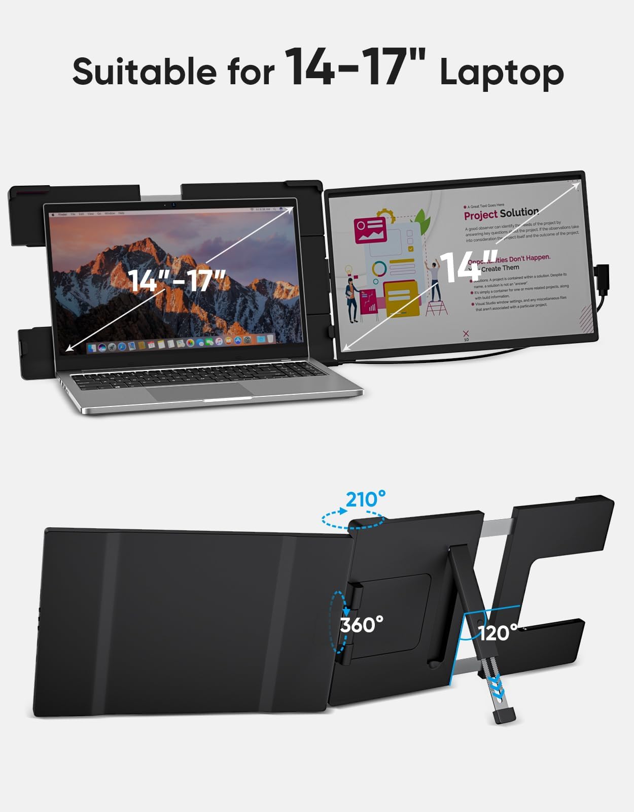 Laptop Screen Extender, 14" FHD 1200P IPS External Portable Monitor for Laptop, Plug & Play Dual Screen Monitor for 14"-17" Laptops, Compatible with Mac, Wins, Chrome, Android, Dex