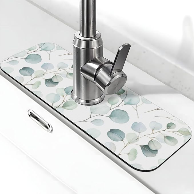Sage Green Leaves Watercolor Branch Plant Kitchen Sink Splash Guard Faucet Mat