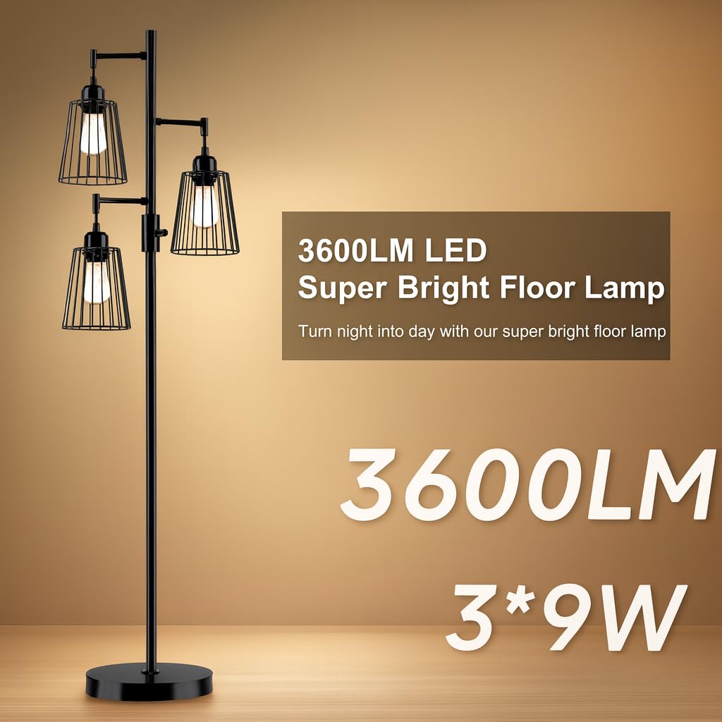 PESRAE Dimmable Industrial Floor Lamp, Farmhouse Floor Lamp Standing Lamp with 3 Elegant Teardrop Cage Heads & Included 3 x 1200LM Edison LED Bulbs, Tall Lamp for Living Room, Bedroom (Matte Black)
