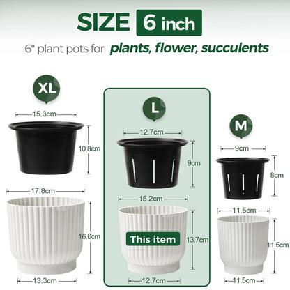 T4U 6 Inch Self Watering Pots for Indoor Plants, 6 Pack White Plastic Flower Pots for All House Plants, Flowers, African Violets