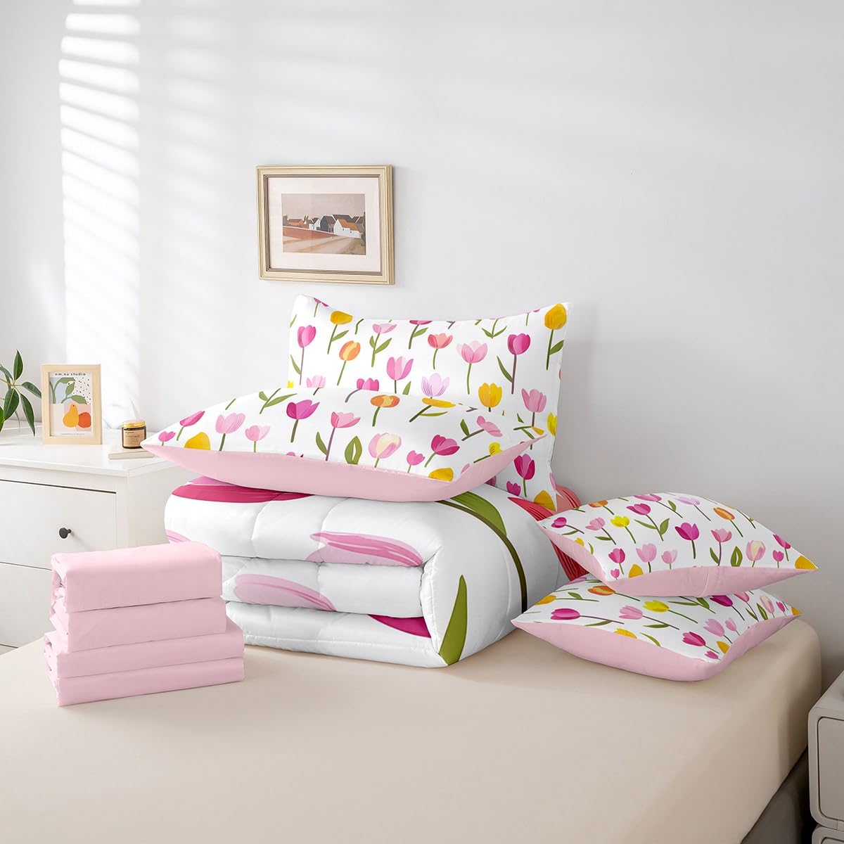 Erosebridal Tulips King Comforter Set 7 Piece for Kids Teen Women,Pink Yellow Tulips Flowers Bedding Set,Spring Summer Plants Floral Bed in A Bag Romantic Watercolor Botanical Bed Set