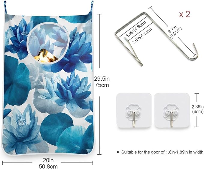 Ink Blue Lotus Flower Hanging Laundry Hamper Door Hampers Bag Basket