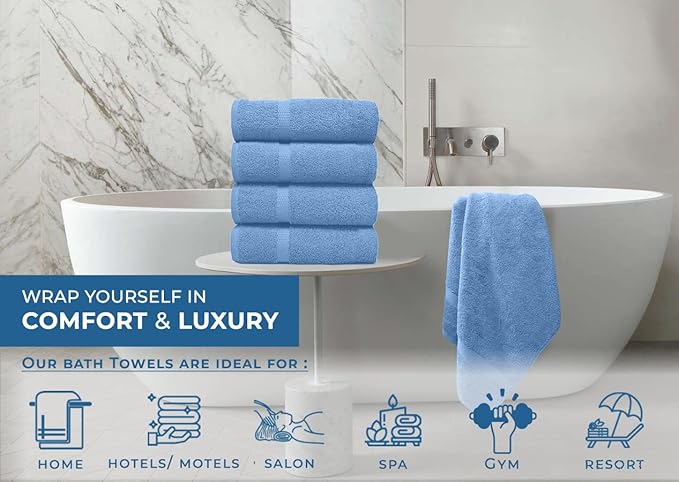 DAN RIVER Bath Towels Set of 4, 27 x 54 Inches, 100% Cotton, Larger & Lighter