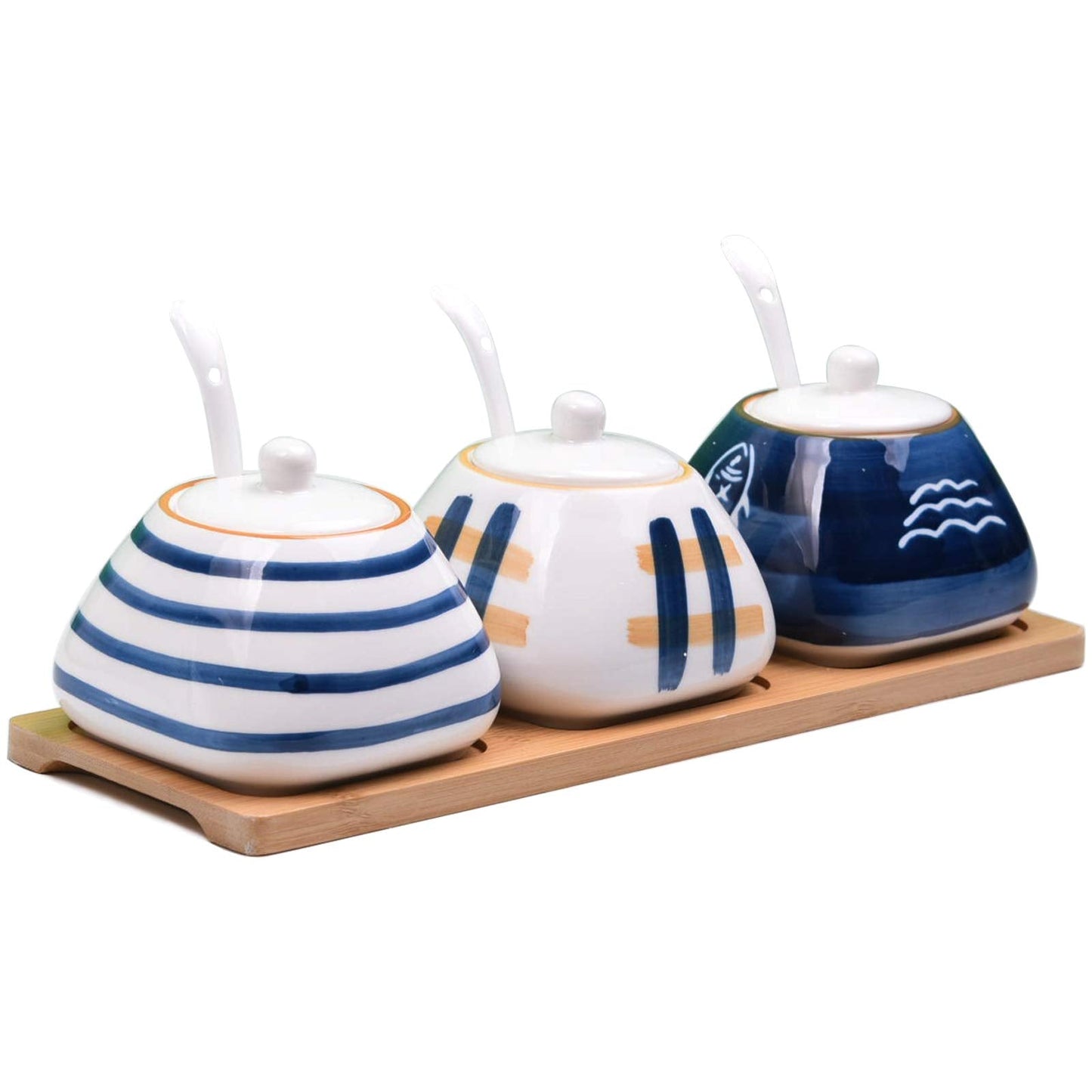 DGVR Porcelain Condiment Jar Spice Container with set of 3 Ceramic Condiment Pot Seasoning Box with Ceramic Serving Spoon and Lid - Bamboo Tray Porcelain Sugar Bowl for Home Kitchen 300ml (10.6oz)