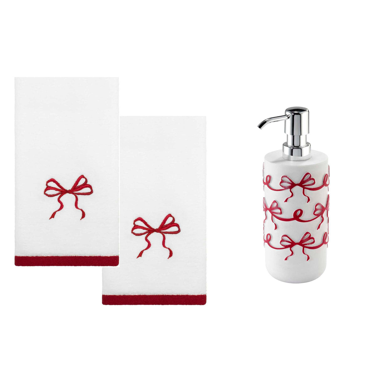 Avanti Linens - Bathroom Bundle, 2-Pack Cotton Velour Fingertip Towels & Resin Lotion Pump, Holiday Bathroom Essentials (Christmas Bows)