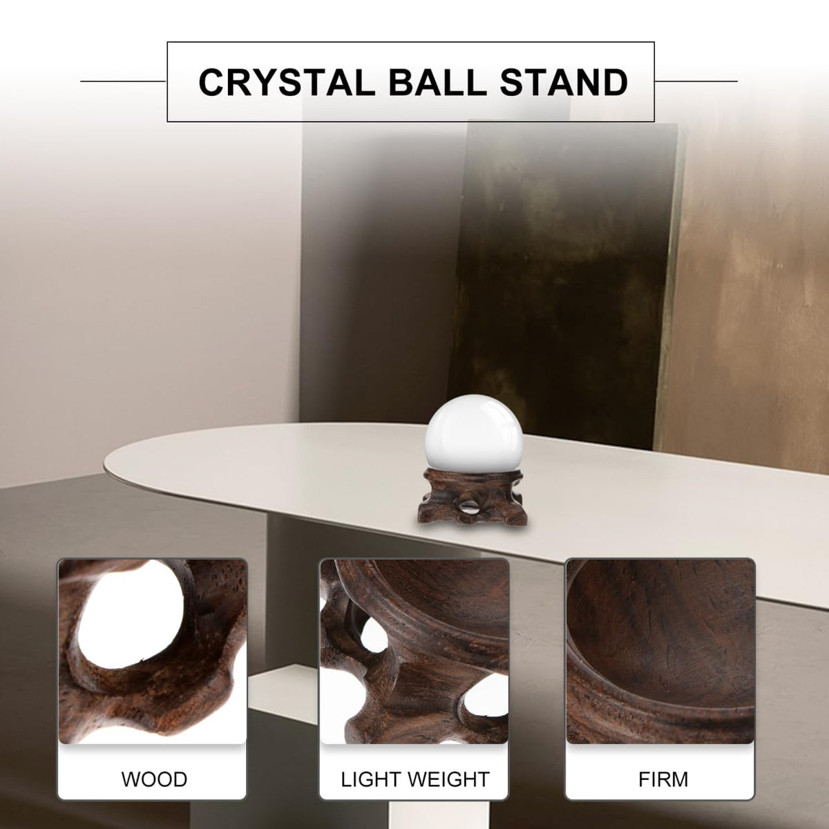 2.16" Hand Carved Solid Wood Crystal Ball Stand, 20% Thickened Heavy Duty Sphere Display Holder, Anti-Slip Integrated Stable Pedestal for 40-80mm Mineral Stone, Home Office Desktop Photography Decor