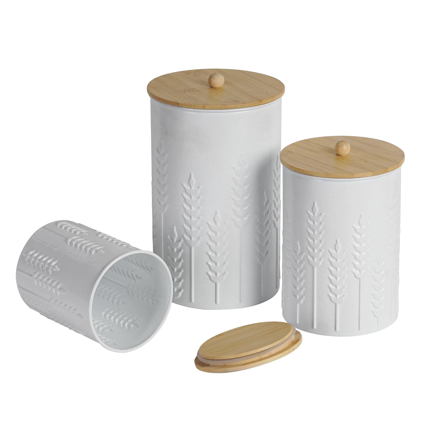 HOME PALETTE Kitchen Canister Set of 3 Tea Coffee Sugar Containers with Airtight Bamboo Lids Food Flour Storage for Countertop Metal White Ear of Wheat Pattern Embossed Farmhouse Decor