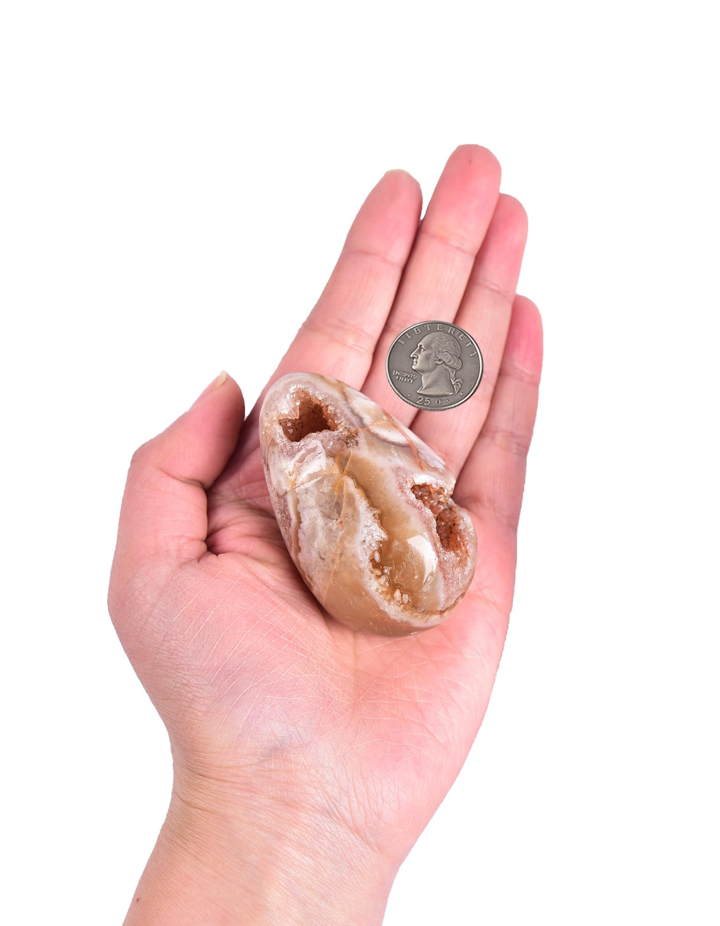 AMOYSTONE Sakura Agate Egg 2.3-2.7" Display Piece with Wood Stand for Office Decor - Unique Banded Natural Stone, Statement Shelf Decor for Living Room 5.3oz