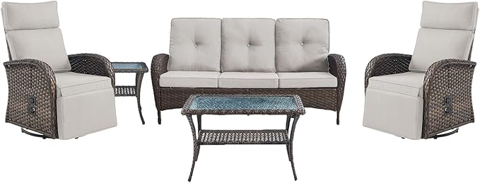5 Piece Patio Furniture Set with Swivel Recliner Chair - Removable Outdoor Patio Couch Set, Chaise Lounge Chair Outdoor with Adjustable Backrest and Footrest and Coffee Table for Casual Gathering