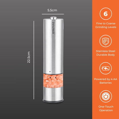 Innoteck Essentials Electric Salt and Pepper Mill Set - Battery-Operated Stainless-Steel Pepper Mill with Light - One Touch Operation - Salt & Pepper Mills - Adjustable Coarseness - Ceramic Grinder