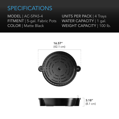 AC Infinity Self-Watering Fabric Pot Base, 4-Pack Auto-Irrigation Water Delivery System with Reservoir Meter, Elevated Plant Saucers for Use in Indoor Grow Tents, Greenhouses, and Outdoor Gardens